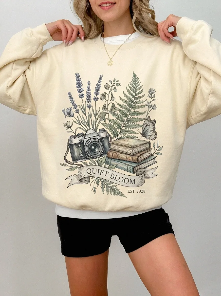 Women's Nature Photography Book Lover Quiet Bloom Printed Sweatshirt