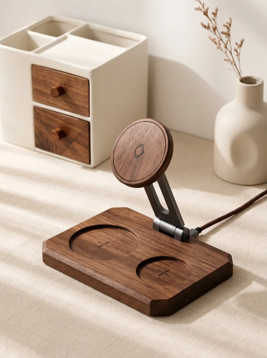 Unisex Tech Enthusiast Walnut Wood Magnetic Printed Charger