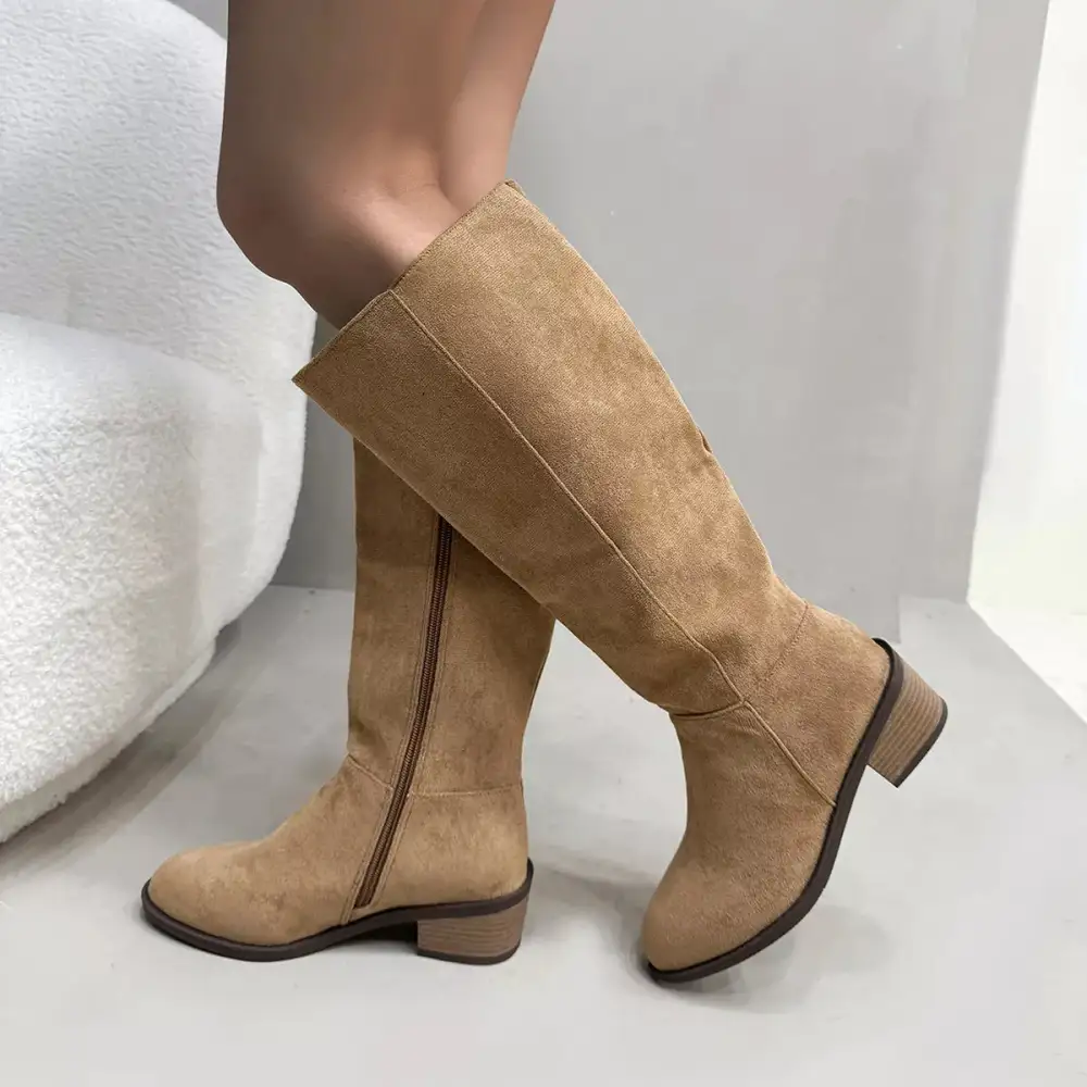 Pleated Round Toe Block Heels Boots