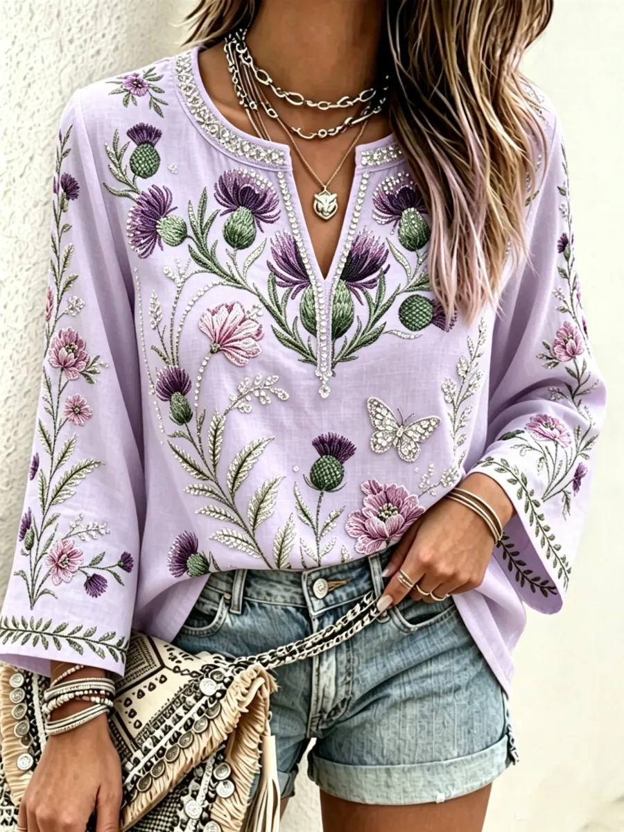 Women's Cotton Linen Vintage Botanical Floral Print T-Shirt