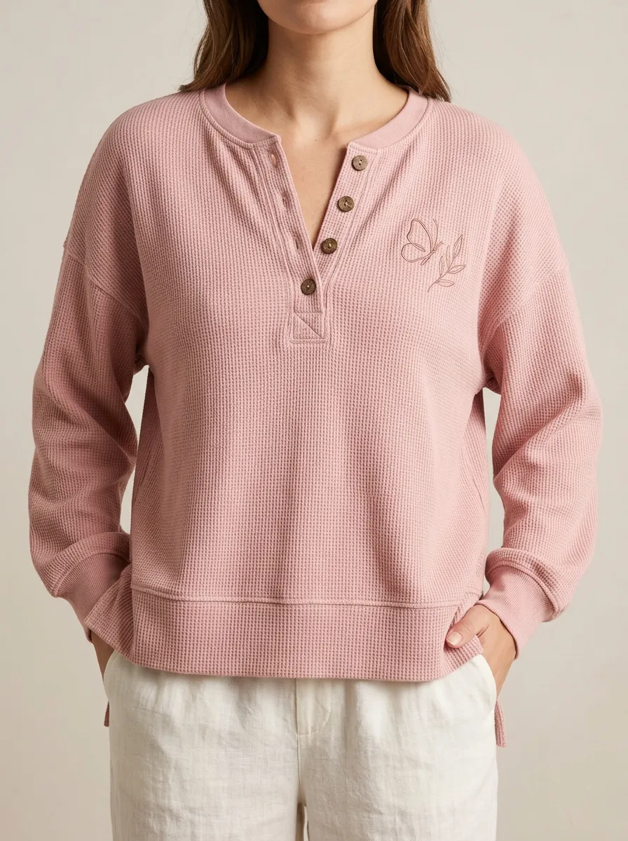Women's Butterfly Floral Minimalist Embroidered Waffle Knit Henley Sweatshirt