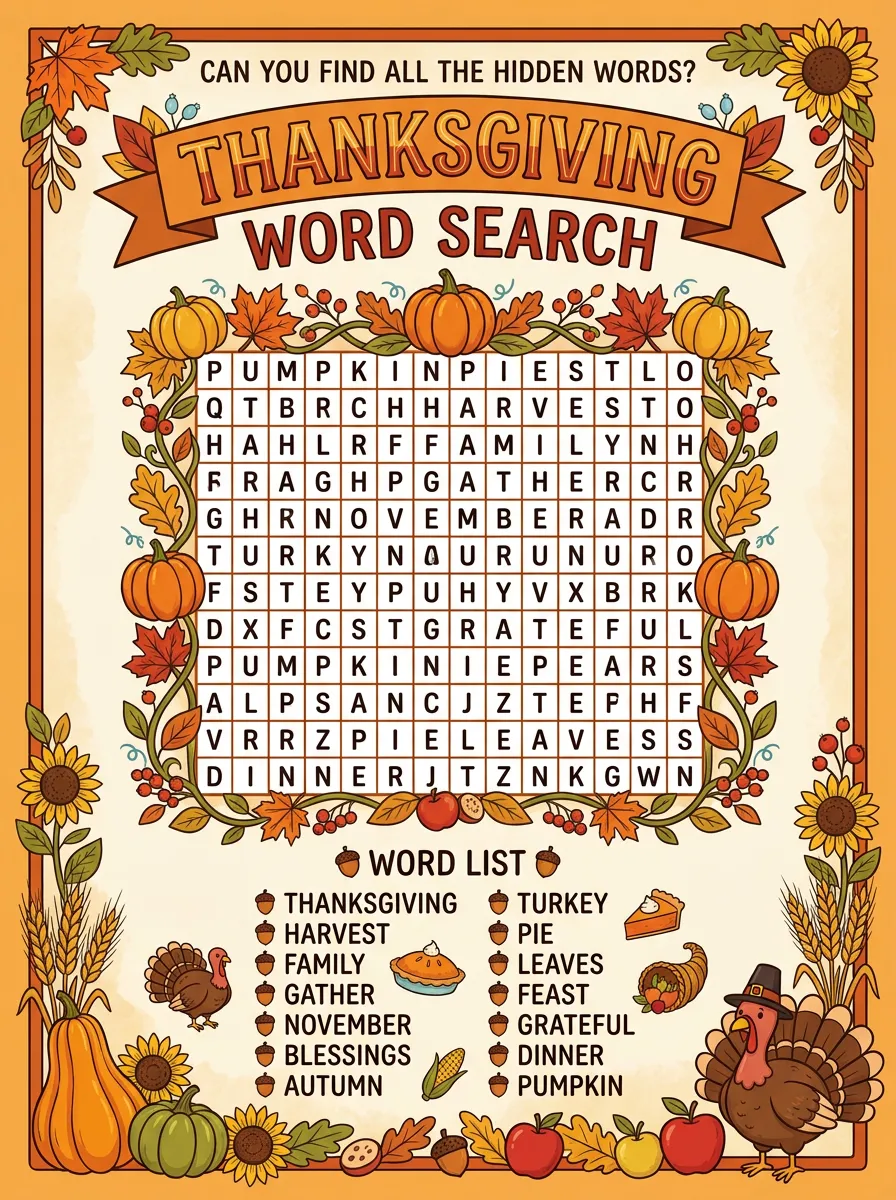 Kids Thanksgiving Pumpkin Turkey Word Puzzle Poster