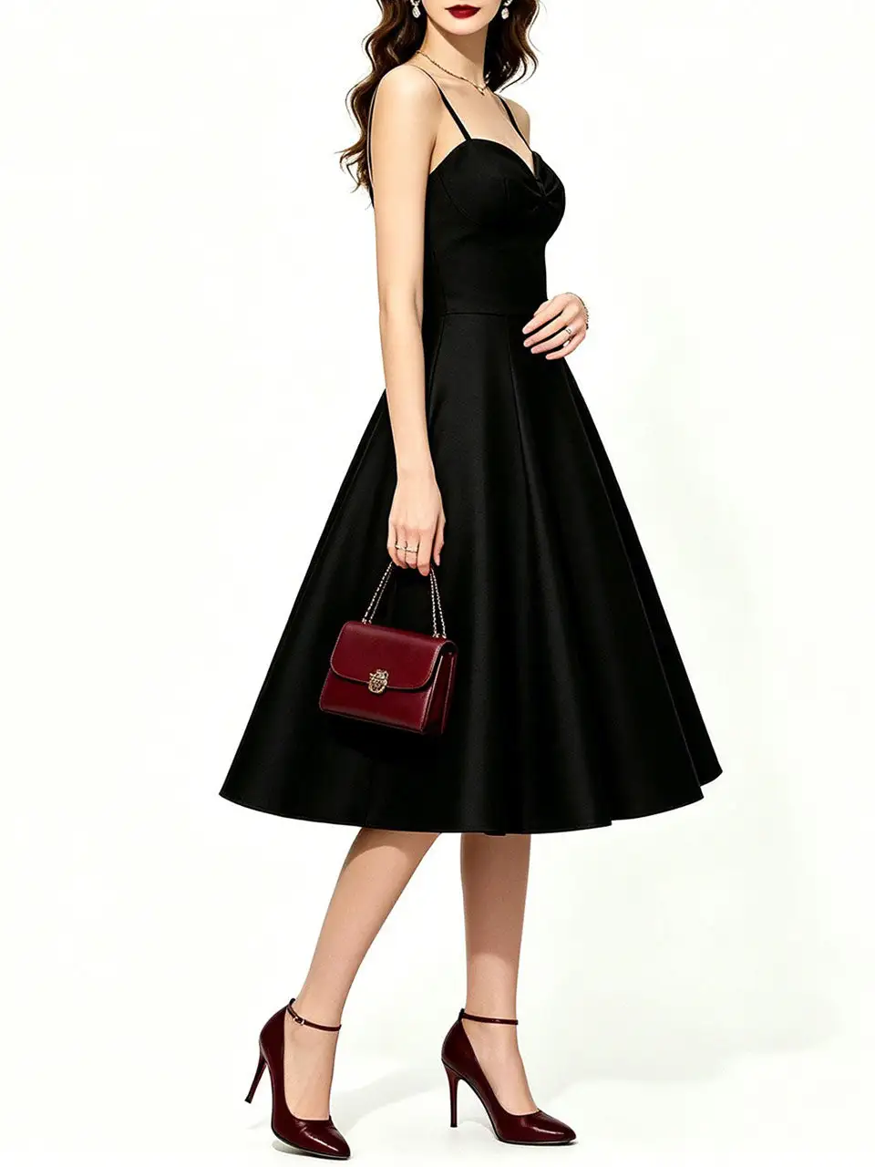 Satin Spaghetti Strap Party Prom Midi Dress