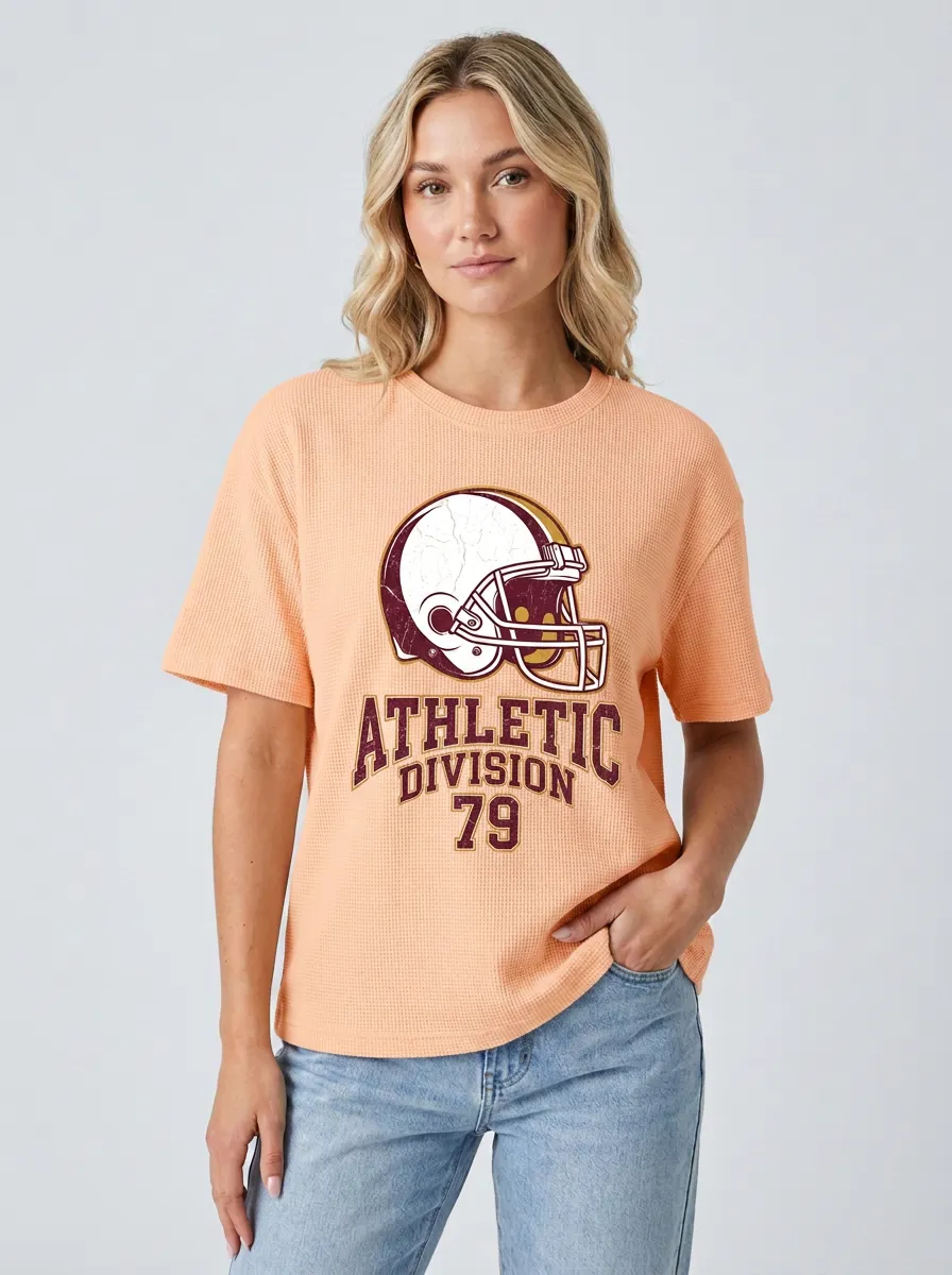 Women's Varsity Inspired Helmet Football Ball Crew Neck Graphic T-Shirt
