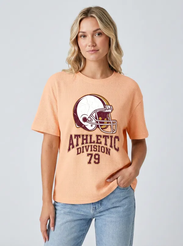 Women's Varsity Inspired Helmet Football Ball Crew Neck Graphic T-Shirt