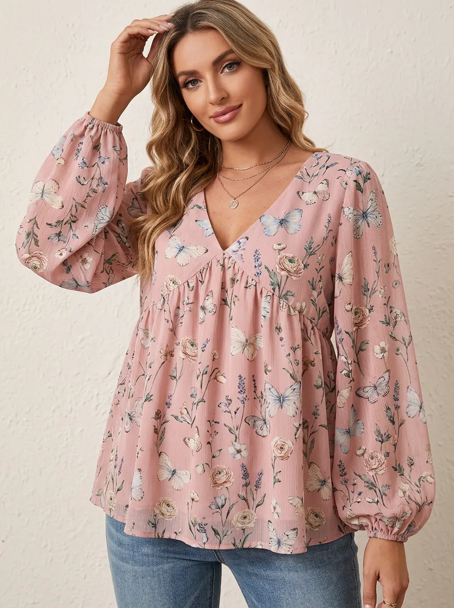 Butterfly Floral Nature Women's Loose Printed Blouse
