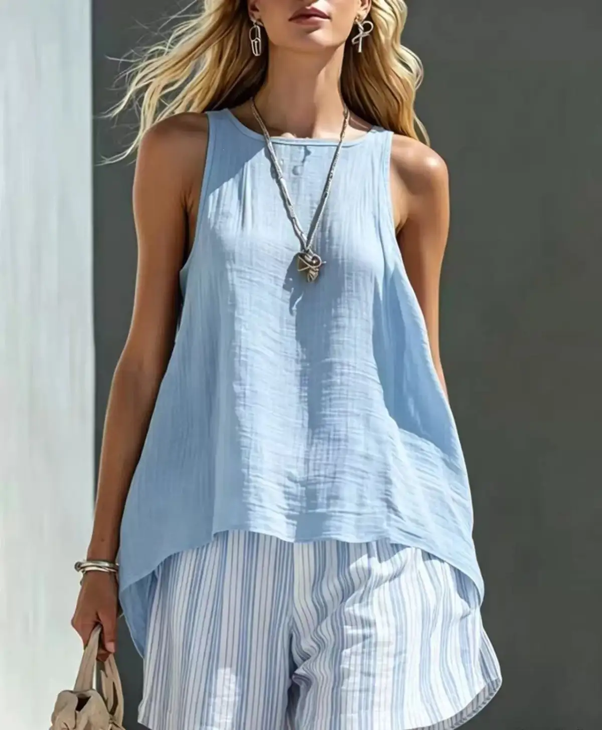 Round-Neck Striped Shorts Matching Set