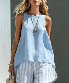 Round-Neck Striped Shorts Matching Set
