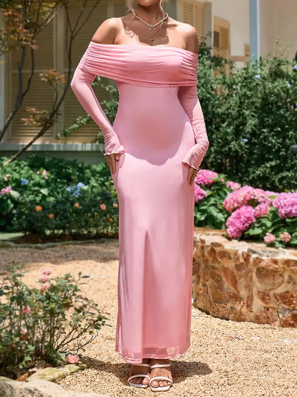 Off Shoulder Ruched Long Sleeve Maxi Dress