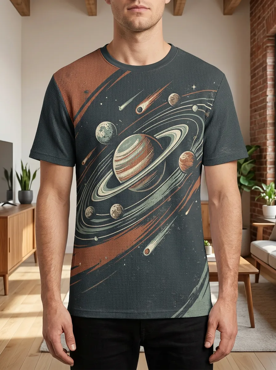 Men's Space Astronomy Saturn Planets Crew Neck T-Shirt