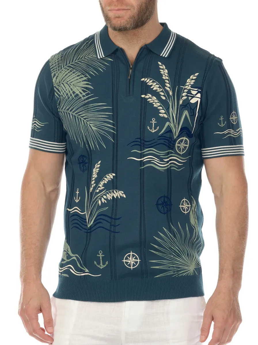 Men's Nautical Tropical Palm Compass Printed Zip Polo Shirt