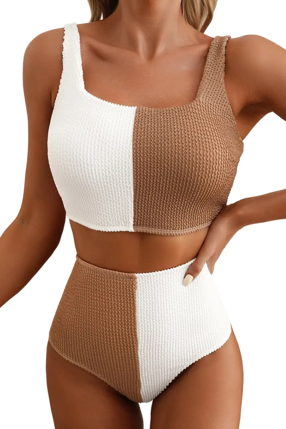 Corded Blocked Pattern Square Neck Bikini Swim Set