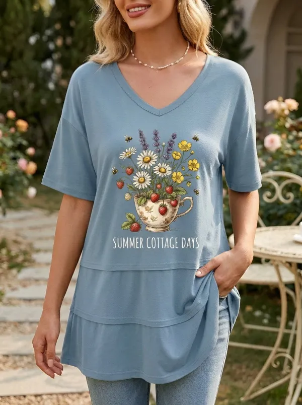 Women's Summer Cottage Days Strawberry Tea Cup Floral Printed T-shirt