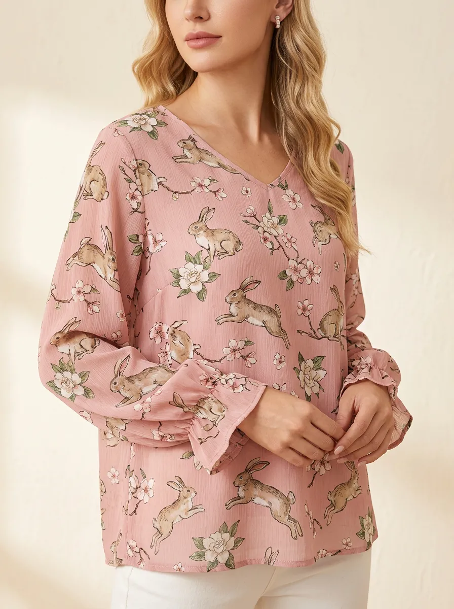 Rabbit Floral Women's Loose Printed T-Shirt