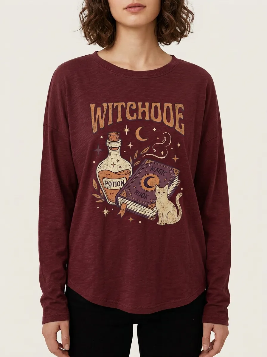 Women's Halloween Witchcraft Potion Book Black Cat Printed Long Sleeve Top