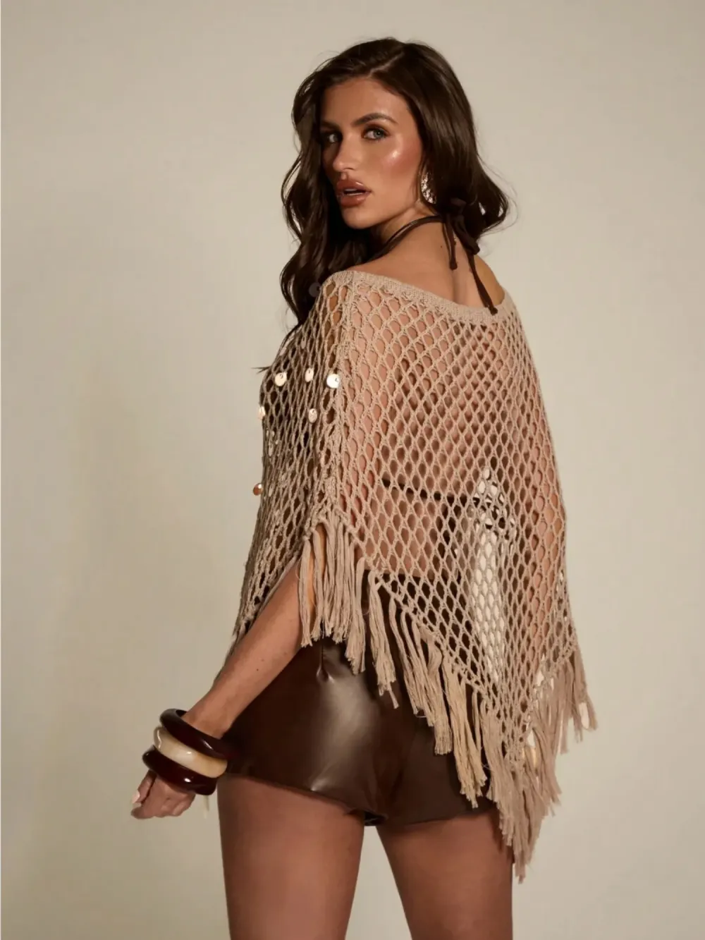 Sienna Beige Fishnet Crochet Fringe Poncho Cover Up
