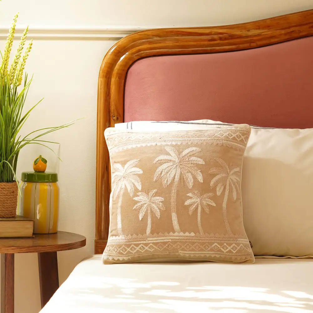 Beige Palm Embroidered Cushion Cover