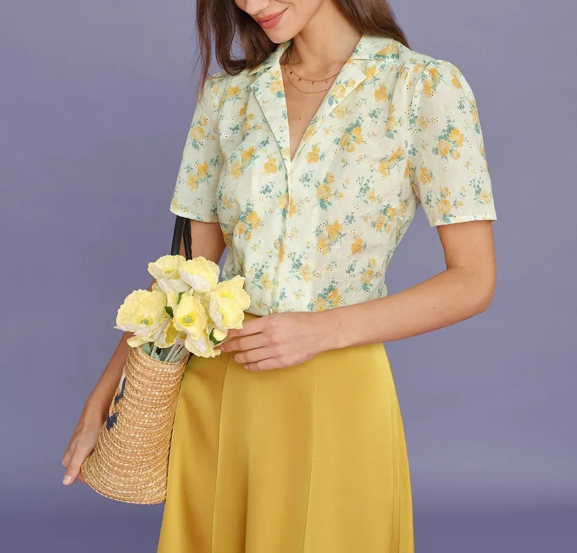 Yellow Collar Puffed Sleeve Floral Blouse