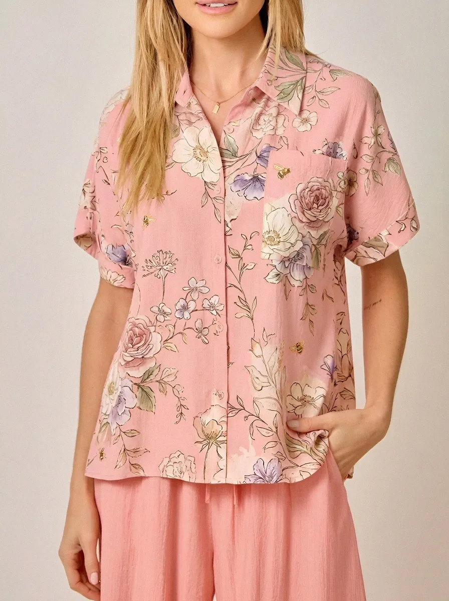 Women's Floral Bee Pattern Peach Printed Button-Down Shirt