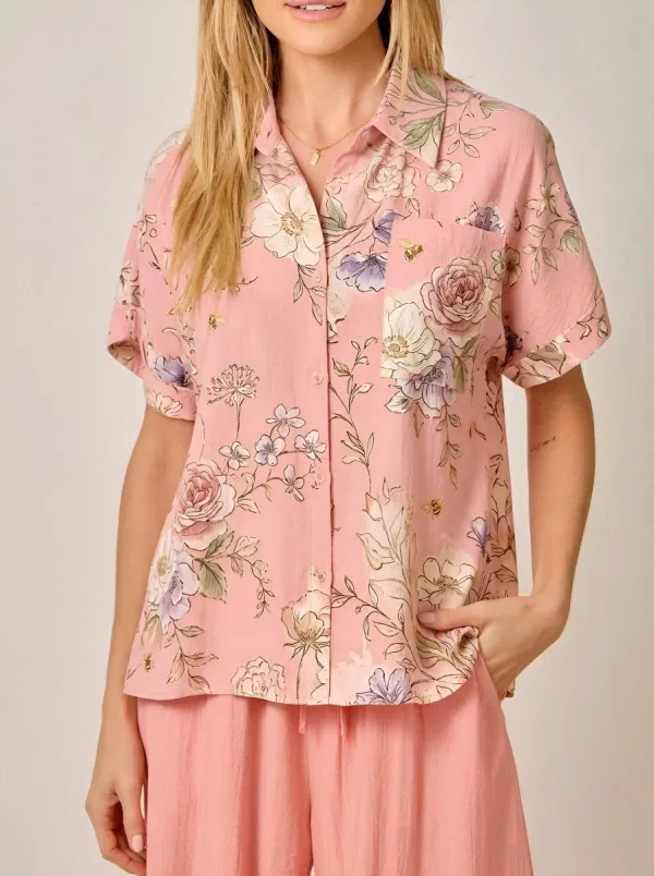 Women's Floral Bee Pattern Peach Printed Button-Down Shirt