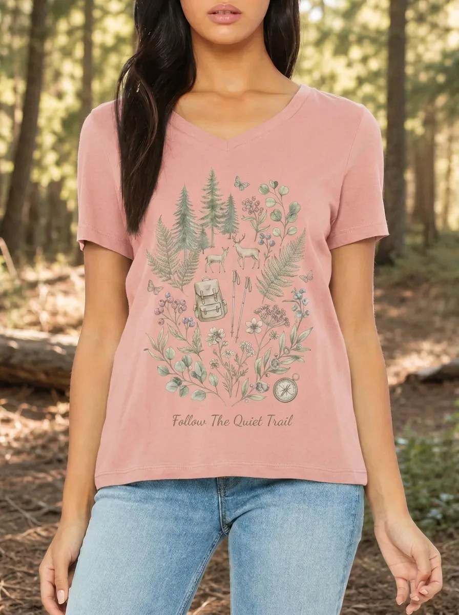 Women's Hiking Nature Lover Deer Forest Printed V-neck T-shirt