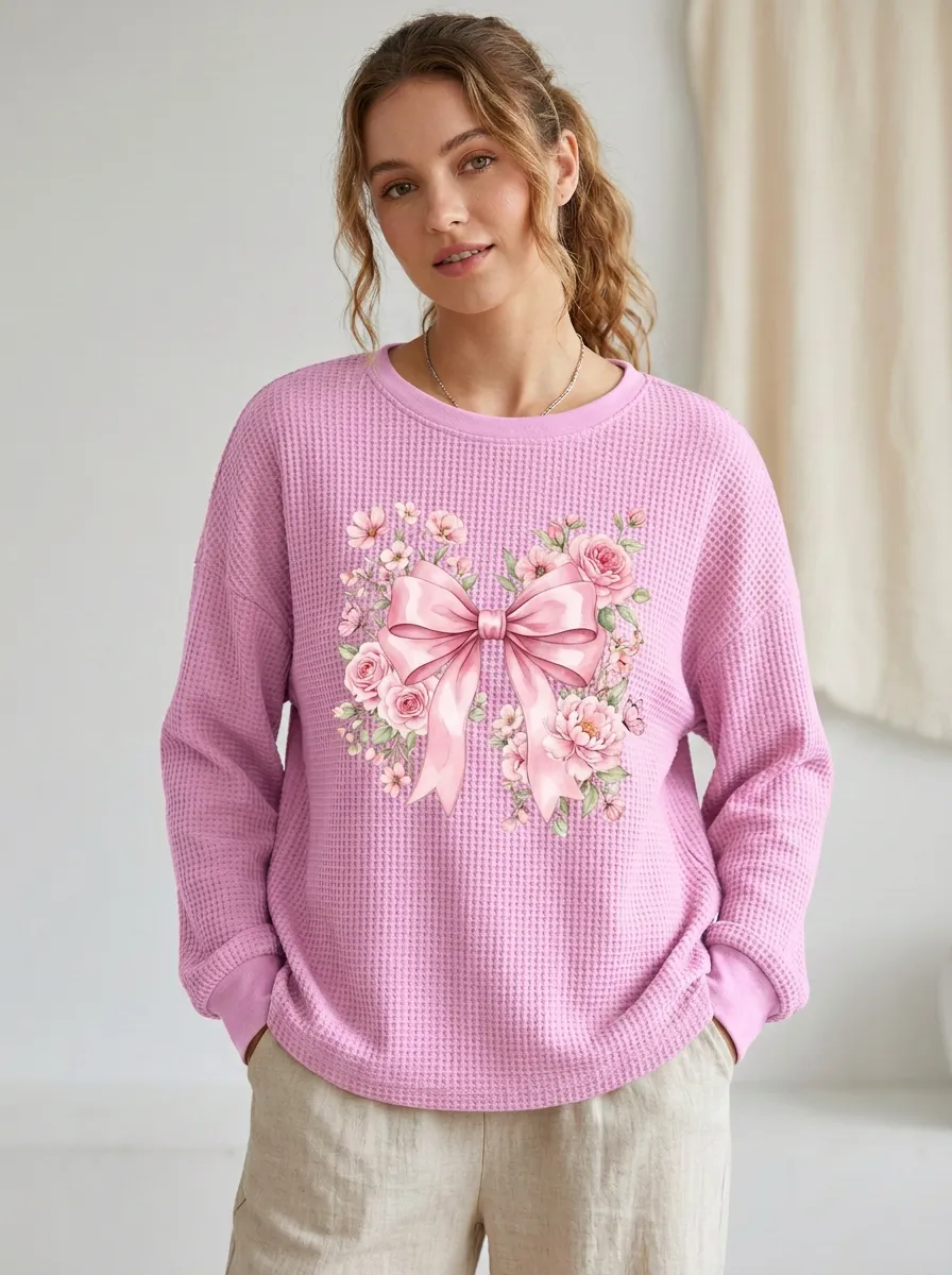 Graceful Garden-Motif Women's Breast Cancer Awareness Waffle Sweatshirt
