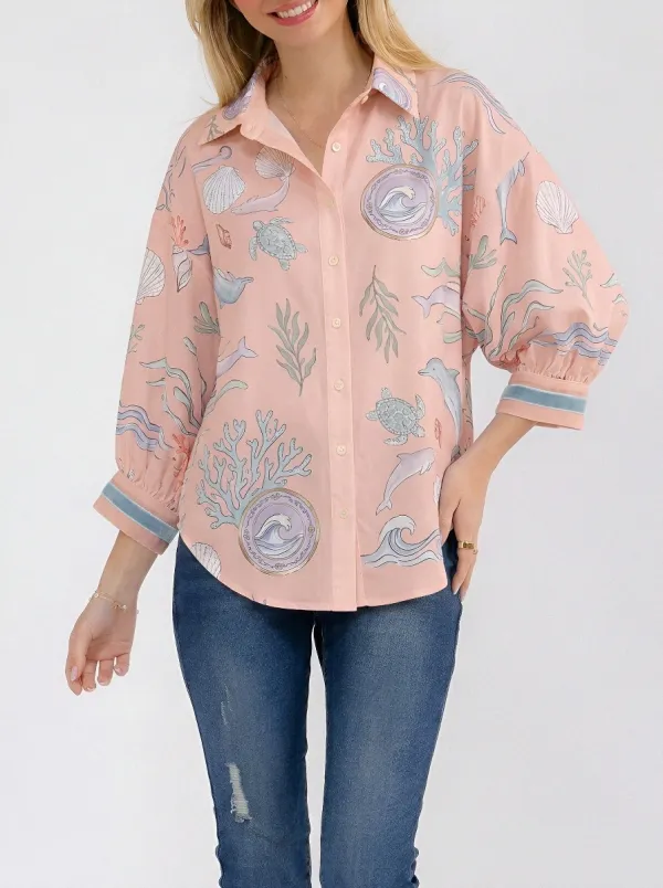 Women's Ocean Life Sea Turtle Dolphin Printed Button-Down Shirt