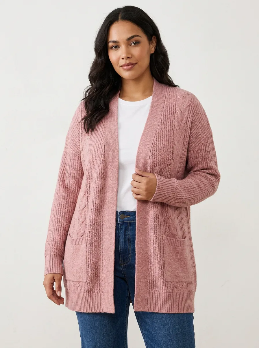 Women's Pink Cable Knit Open Front Cardigan Sweater