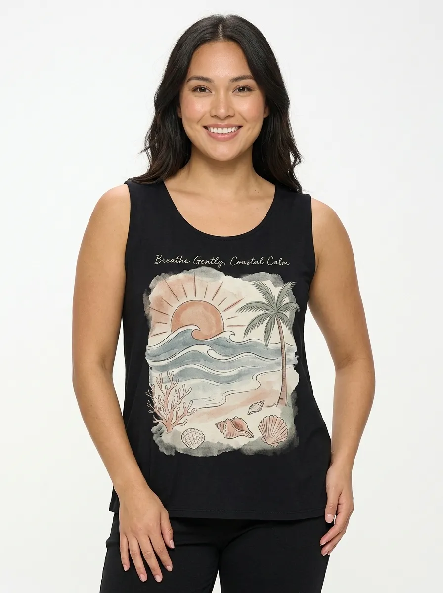 Women's Coastal Beach Sunset Palm Printed Tank Top