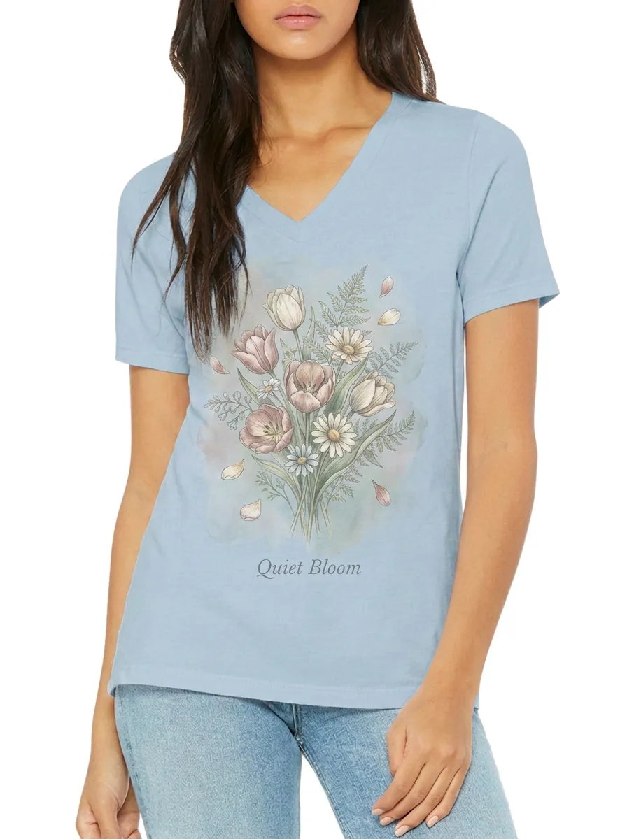 Women's Quiet Bloom Floral Bouquet Watercolor Printed V-neck T-shirt