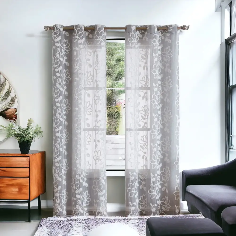 Tailored Semi-Sheer Polyester Floral Embroidered Curtain Panel Pair