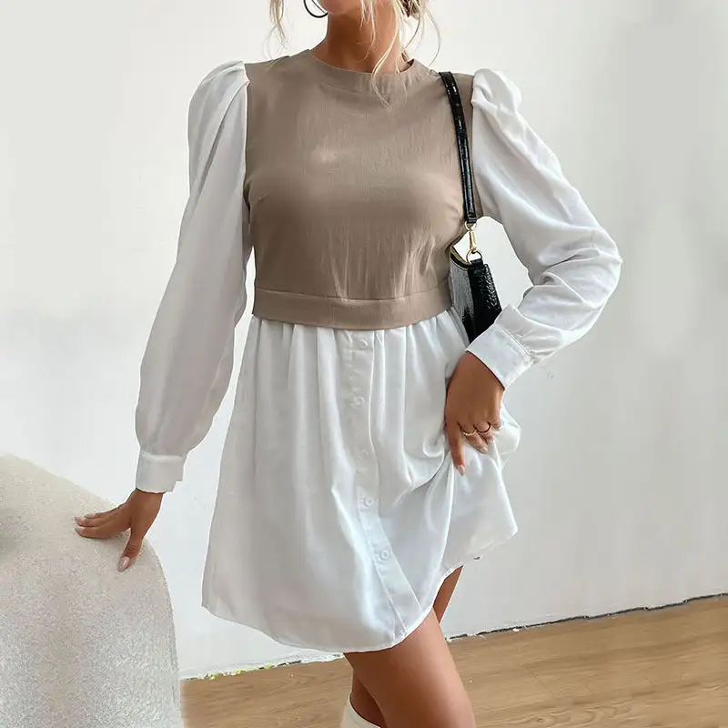 Women's Shirt Puff-Sleeve Button-Detail Dress