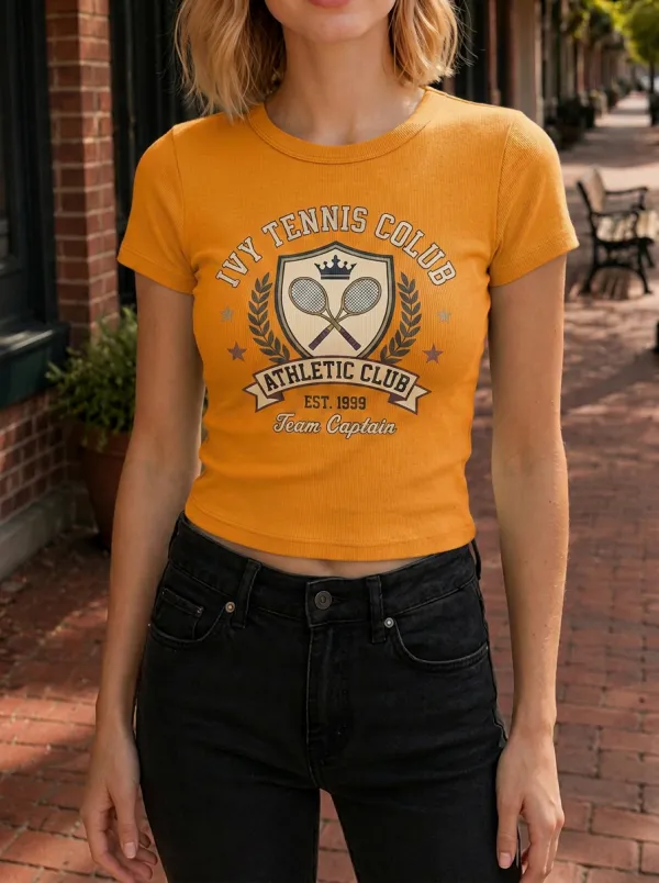 Women's Ivy Tennis Club Athletic Printed Ribbed Crop Top
