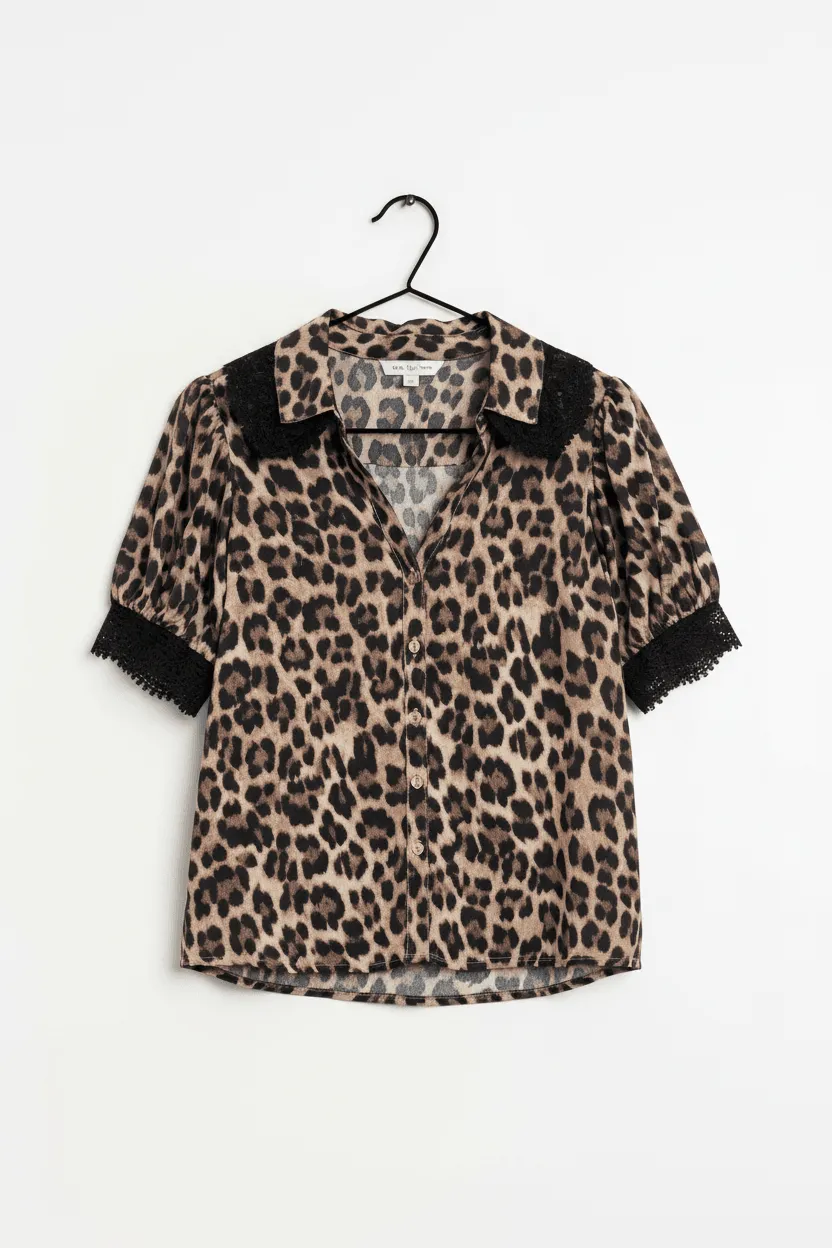 Leopard Print Lace Trim Button Front Shirt Blouse
