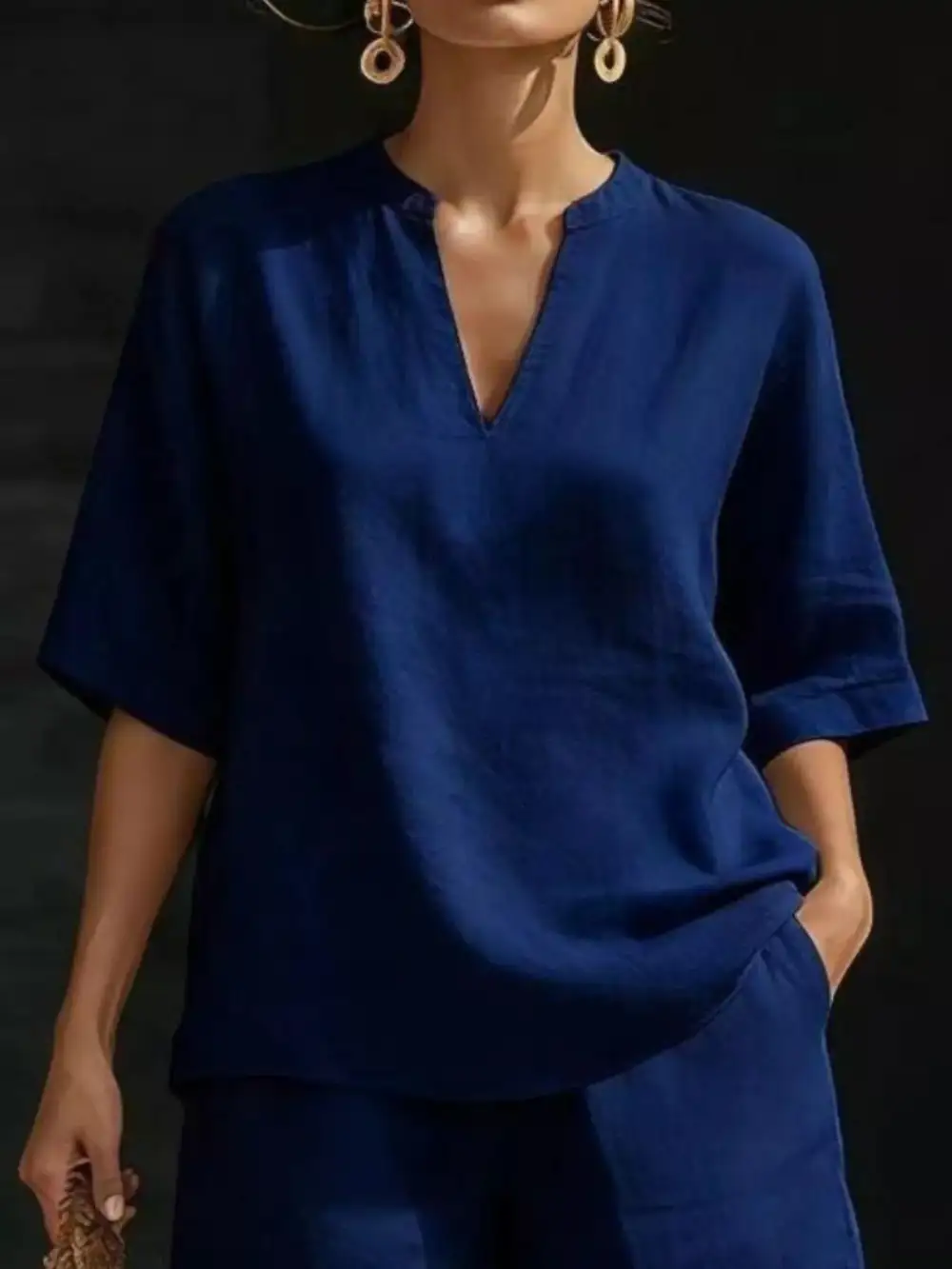 Notched Half Sleeve Top Shorts Set Plus