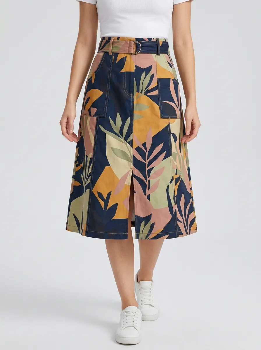 Women's Botanical Abstract Leaf Printed Midi Skirt