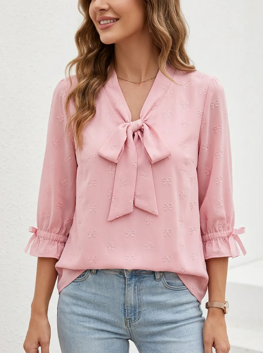 Women's Pink Bowknot Aesthetic Embroidered Printed Blouse