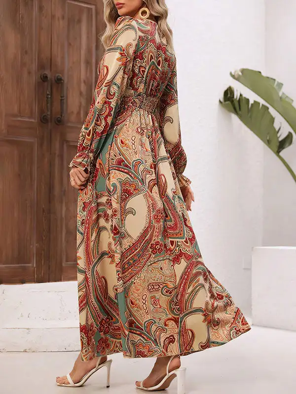 Elasticity Printed Neck Maxi Dress