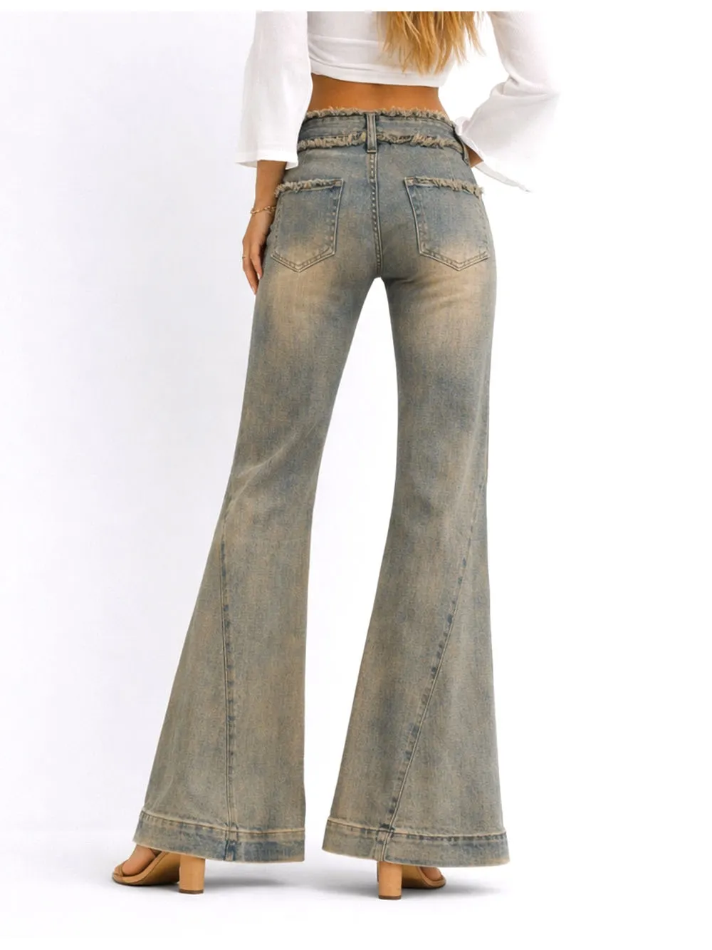 Vintage Raw Edge Waist Flared Leg Denim Pants