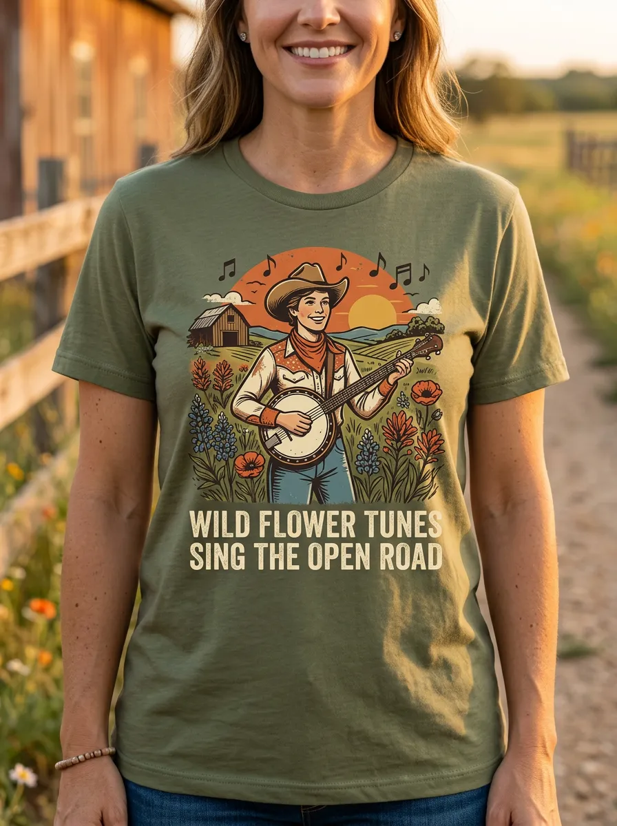 Rustic Country Music Banjo Player Wildflower Crew Neck T-Shirt