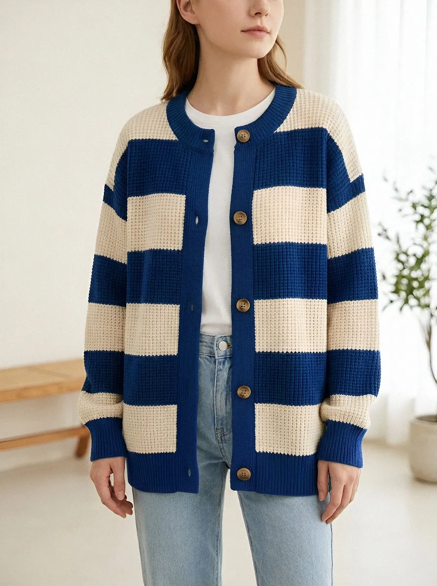 Waffle Knit Rugby Striped Waffle Knit Cardigan