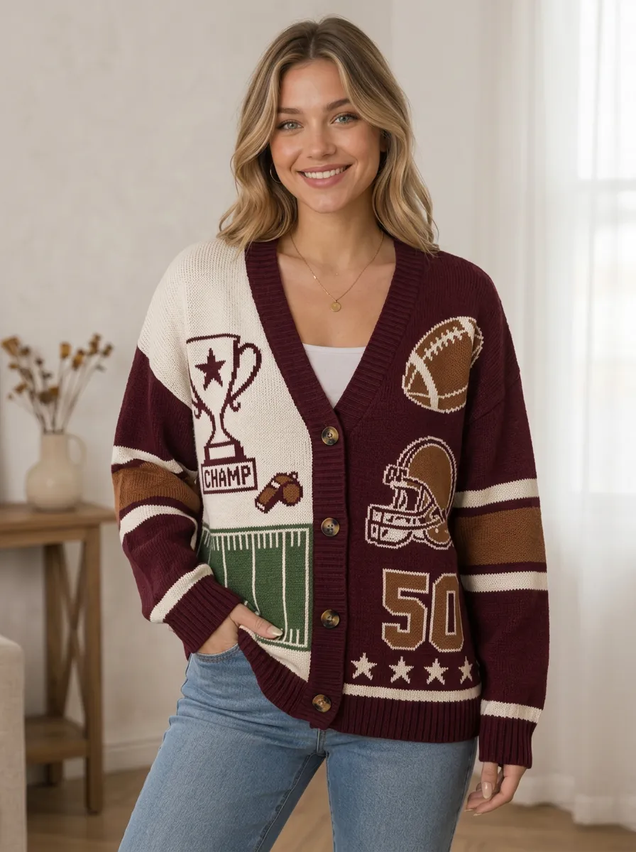 Women's Football Fan Champion Helmet Pattern Knitted Cardigan