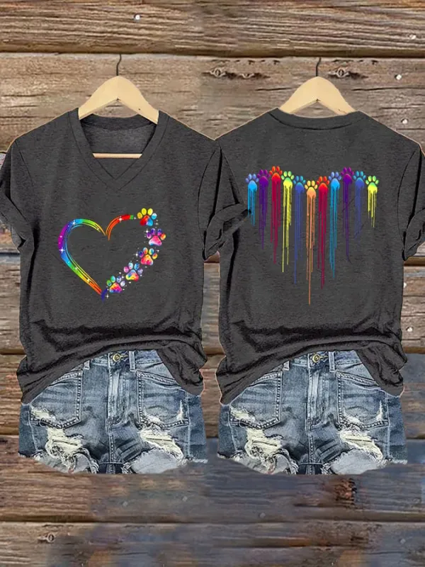 Women's Dog Paw Heart Print Casual T-shirt