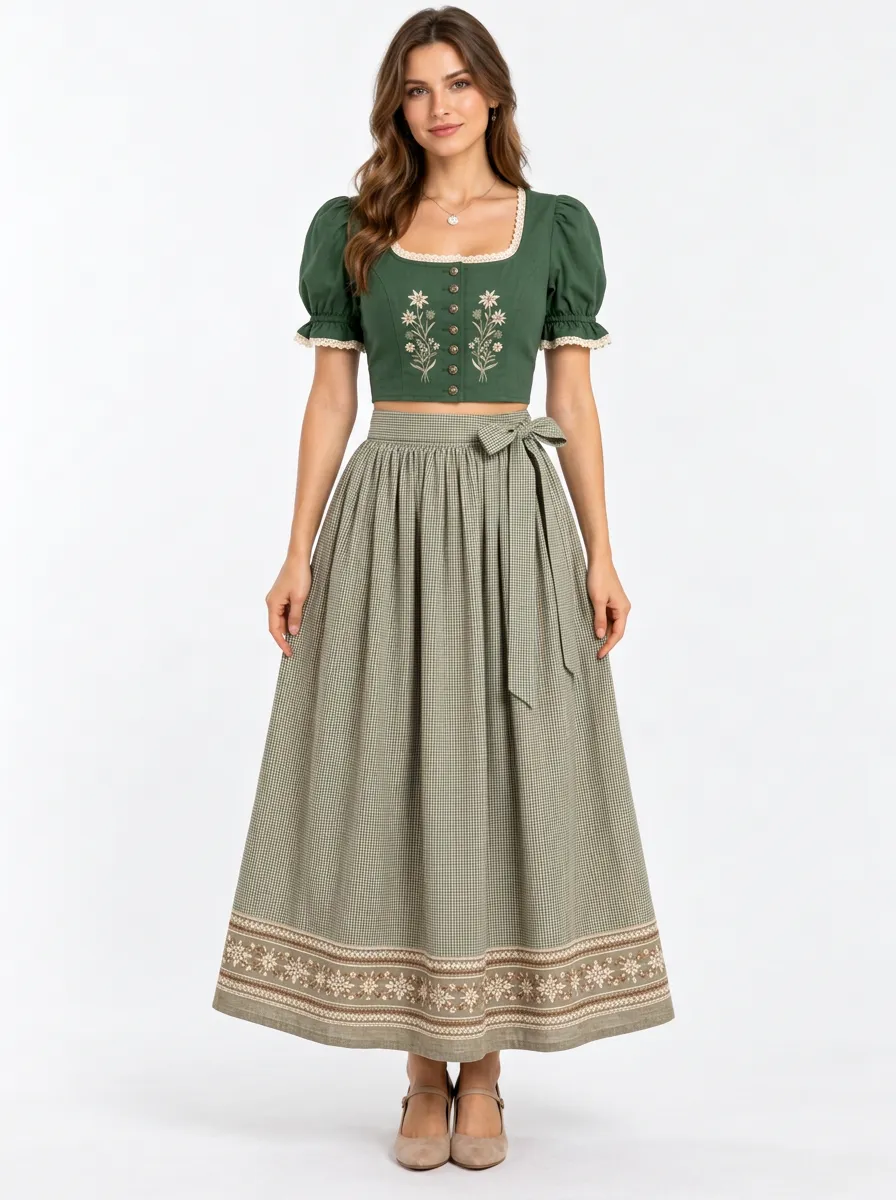 Women's Bavarian-Inspired Embroidered Gingham Midi Skirt Set