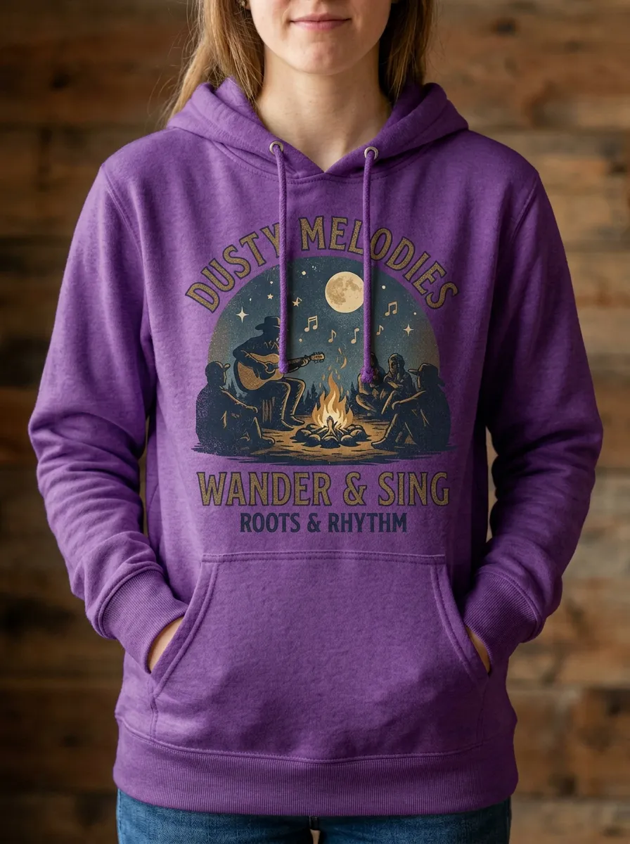Rustic Guitar Campfire Unisex Country Music Printed Hoodie