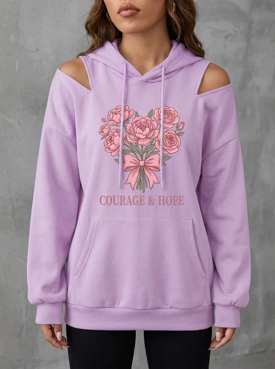 Women's Breast Cancer Awareness Floral Heart Printed Cold Shoulder Hoodie