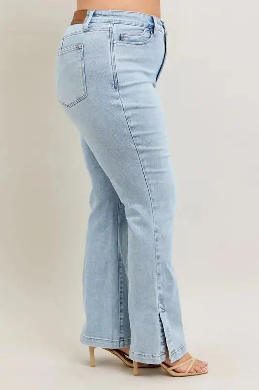 Full Size Tummy Control Vintage Wash Side Slit Slim Boot Jeans Plus Size