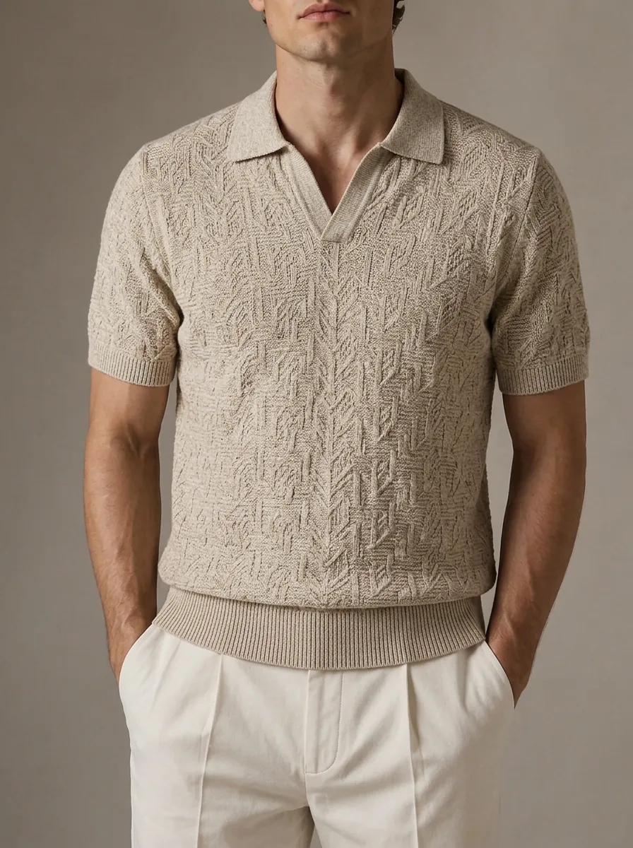 Men's Casual Vintage Textured Knit V-Neck Polo Shirt