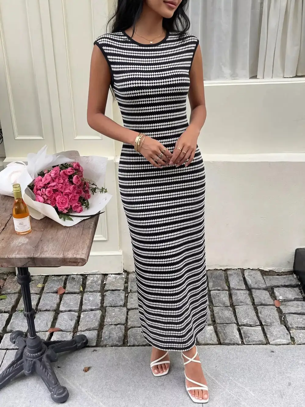 Bodycon Sleeveless Knit Striped Maxi Dress