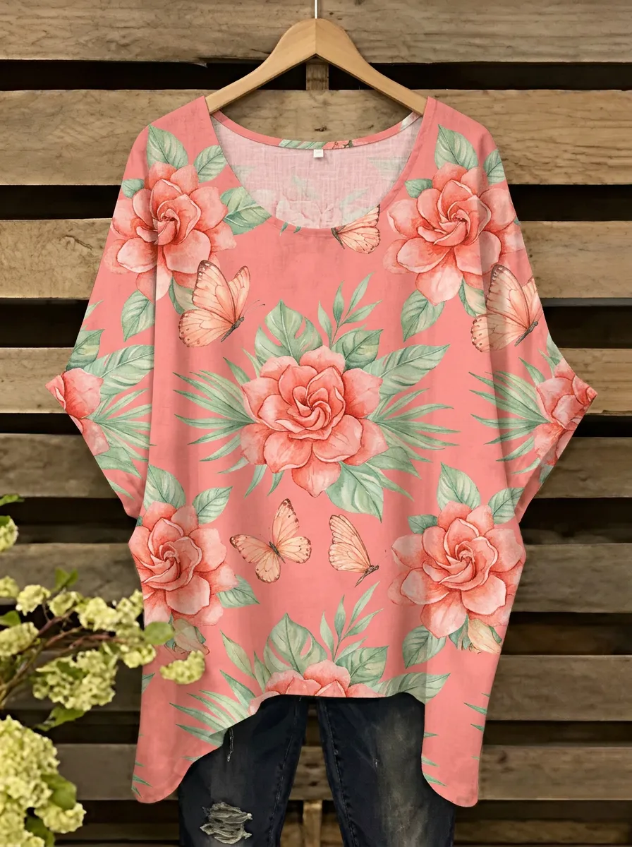 Butterfly Floral Women's Loose Printed T-Shirt